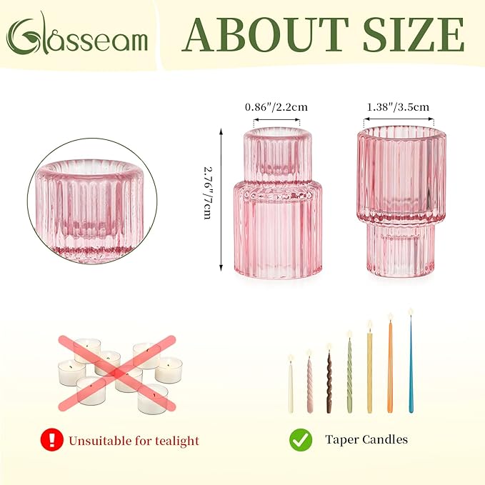 Glasseam Glass Tapered Candlestick Holders: 20 Pcs Ribbed Pink Candle Sticks Holder Decor Modern Fluted Taper Candle Holders Bulk for Table Centerpiece Pink Wedding Decor Valentine Dinner Parties