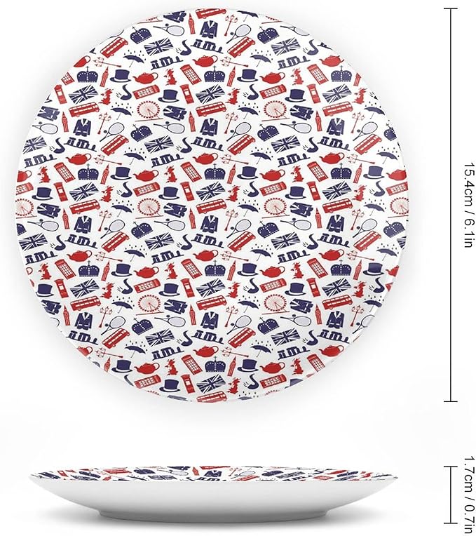 XISUNYA 8 Inch Decorative Plate, London Ceramic Stoneware, United Kingdom Country Themed Symbols Print Ornament Display Plate Handmade Plate Wedding Gifts, Royal Blue Red Whilte