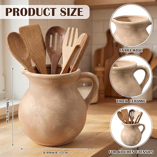 Rustic Kitchen Utensil Holder with Handle,7.48" H Ceramic Vintage Utensil Crock for Countertop, Farmhouse Kitchen Decoration Ceramic Pot for Spatulas Spoons Tongs(Classic,Antique Beige)