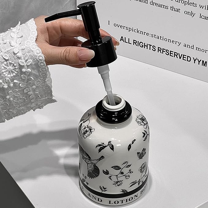 Vintage Ceramic Soap Dispenser, 14.2oz Mid-Century Modern with Flower and Bird Patterns - Refillable Lotion Bottle for Bathroom, Hand Soap Dispenser for Hotel