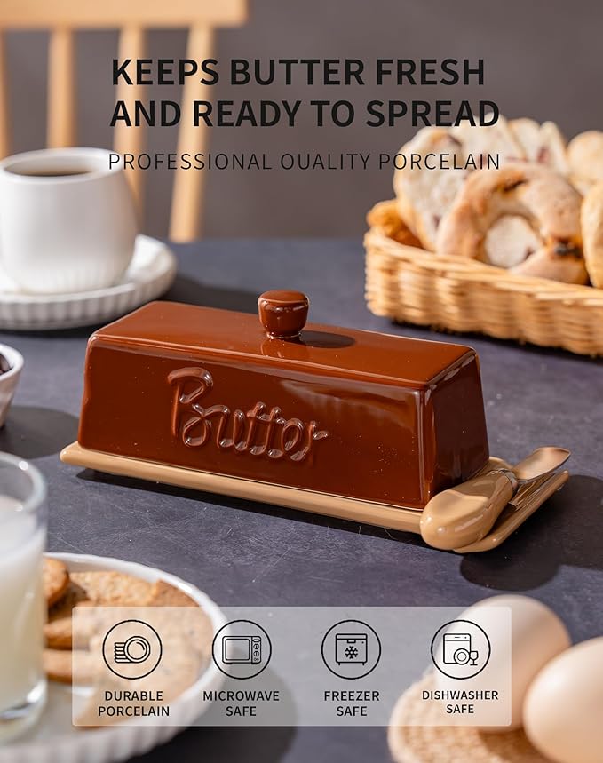 TEATALK Ceramic Butter Dish with Lid and Knife - Large Butter Holder, Farmhouse Style, 8-Inch Porcelain Butter Keeper with Scraper Edge,Brown