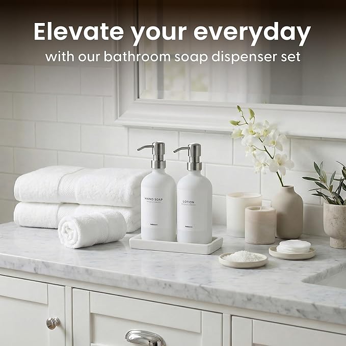 MaisoNovo Soap and Lotion Dispenser Set - Bathroom Soap Dispenser Set with White Soap Dispenser, Silver Pumps & Ceramic Tray