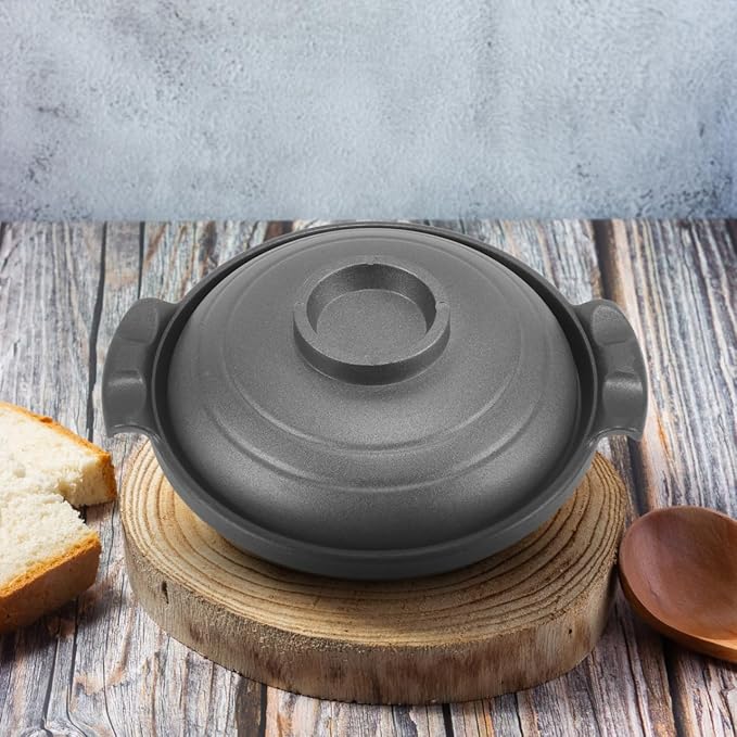 PartyKindom 16cm Ceramic Casserole Dish with Lid - Small Porcelain Cooking Pot for Individual Bibimbap, Soup and Stew - Oven & Gas Safe Stone Bowl for Korean & Japanese Cuisine, Black