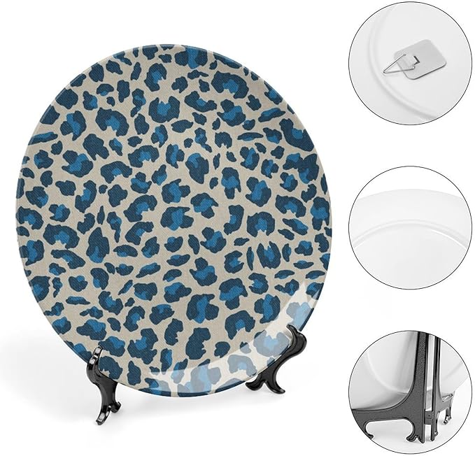 Leopard Animal Print Blue Plates Ceramic, Animals Wildlife with Textures Ceramic Craft for Decorative Ornaments for Table Farmhouse Office Decor, with Display Stand Art Decor for Home Club