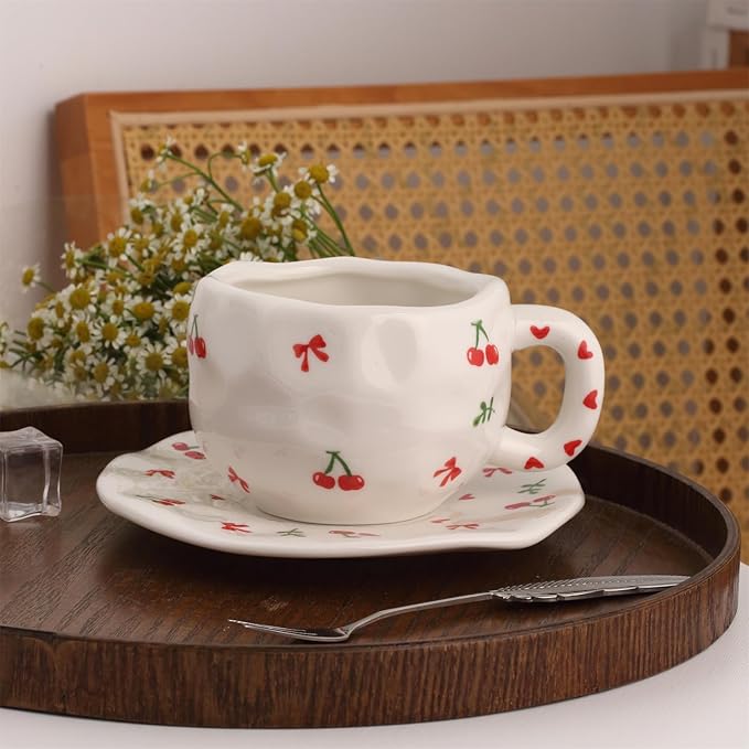 TREEWOO Hand Painted Cherry Ceramic Coffee Cup and Saucer Set, 300ml/10 oz, Korean Style, Hand Pinched Irregular Cappuccino Latte Tea Cup