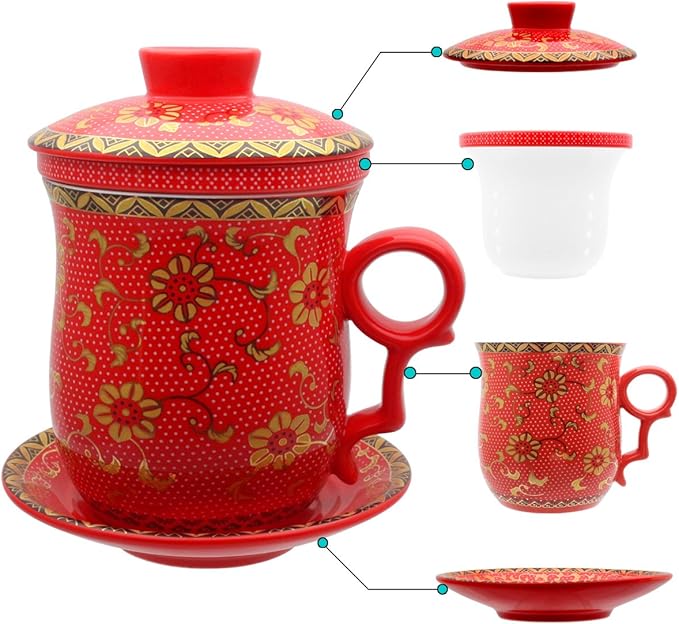 Porcelain Tea Cup with Infuser Lid and Saucer Sets - Chinese Jingdezhen Ceramics Coffee Mug Teacup Loose Leaf Tea Brewing System for Home Office