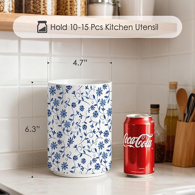 Kitchen Utensil Holder for Kitchen Countertop,Blue Ceramic Utensil Holder,Cooking Utensils Holder, Large Utensil Crock for Counter,Tool Holder,6.3"+4.7"(Blue and White)