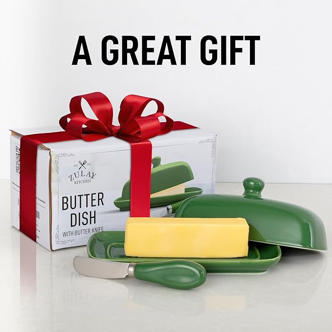 Zulay Butter Dish With Lid For Countertop - Porcelain Jade, Ceramic Butter Dish with Knob Handle Great for Cooking - Elegant Design Butter Holder - Durable & Sturdy Butter Keeper - Jade