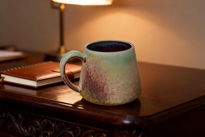 Handcrafted Ceramic Coffee Mug, 16 oz Unique Reactive Glaze Stoneware Mug, One-of-a-Kind Artisan Pottery Tea Cup, Tapered Anti-Slosh Design for Heat Retention, Gift Ready Packaging for Home Office