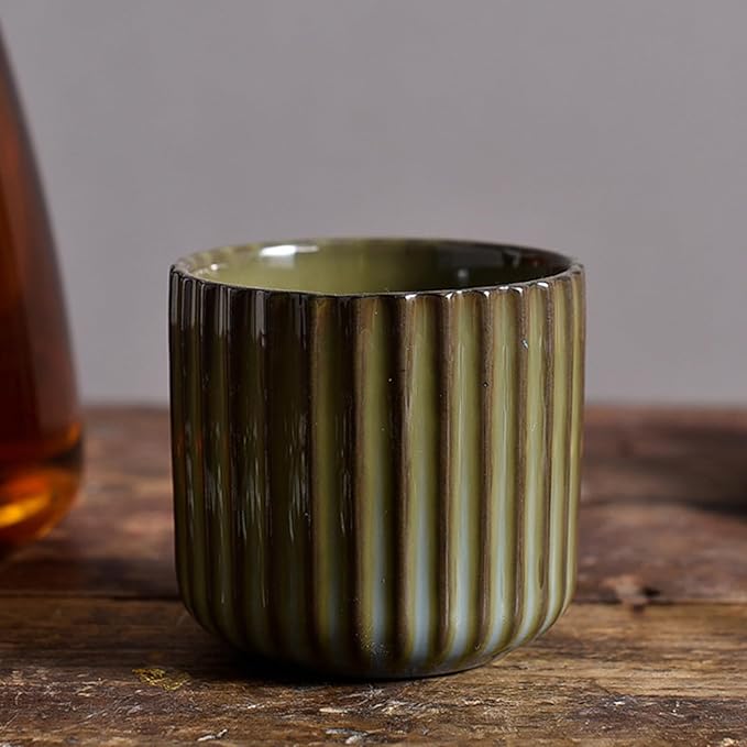 Vinitage Ceramic Mug, Japanese Tea Cup 6oz Striped Cup No Handle Drinking Cup for Latte Milk Water Beverage Juice Microwave and Dishwasher Safe, Kiln Transformation Cup (Green)