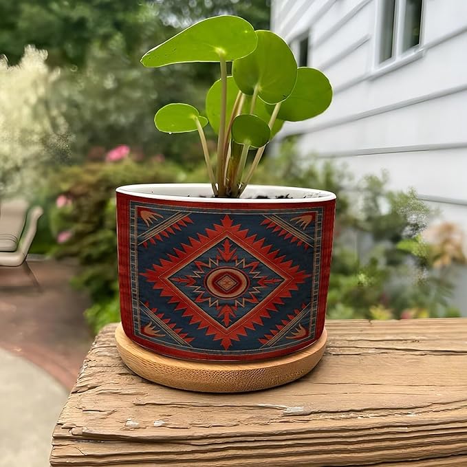 Planters Ceramic The Navajo in Red And Blue with A Blue Border Pattern Ceramic Pots with Drainage Holes Round Flowerpot Bamboo Tray Plant Pots for Succuelnt And Little Snake Plants Pots for Nana
