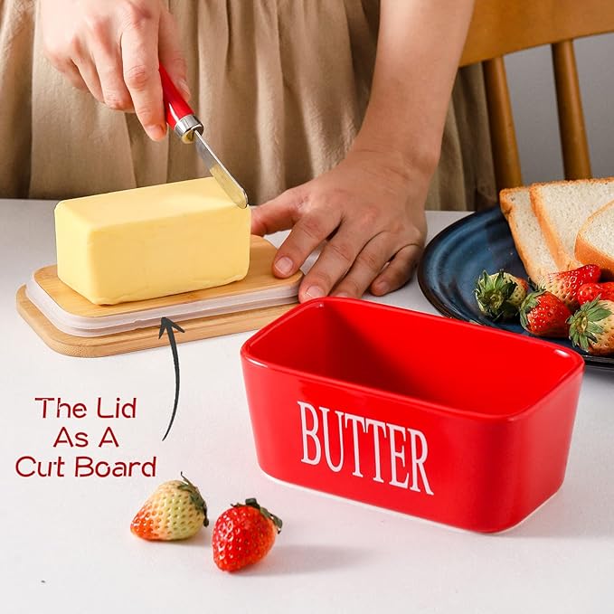 Hasense Porcelain Butter Dish with Bamboo Lid - Covered Butter Dish with Butter Knife for Countertop, Airtight Butter Container with Cover Perfect for East West Coast Butter, Red