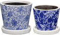 Set of 2 Ceramic Blue and White Plant Pots with Drainage Hole and Saucers, Vintage Farmhouse Accent Planters for Indoor Plants, Round Flower Pots Rustic Succulent Pots Terracotta Tubs 5.7/4.7 Inch