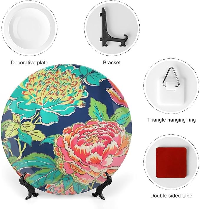 Navy Pink Chinoiserie Peony Floral Fashion Plates, Customize Chinoiserie Peony Floral Ceramic Hanging Decorative Plate, Festival Office Decorations Club, Including Bracket And Special Hook