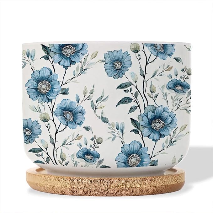 Set of 5 Chinoiserie Blue Floral Small Pot for Flowers Mughal Flower Ceramics Planter with Drainage Bamboo Trays Chinoiserie Chic Pots for Succulents Indoor Birthday Gift for Mom