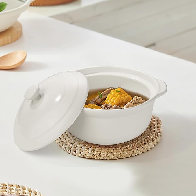 Korean Dolsot Pot Set, Bowl with Lid, for Cooking Bibimbap, Kimchi, Hot Pot, Soups and Stews, Oven and Dishwasher Safe, 3.4 Quart, White