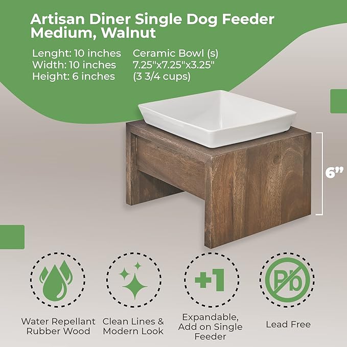 Bowsers Artisan Diner Single Dog Feeder - Handcrafted Rubberwood Frame with Square Ceramic Bowl Feeder for Dogs - Walnut, Medium, 10” x 10” x 6