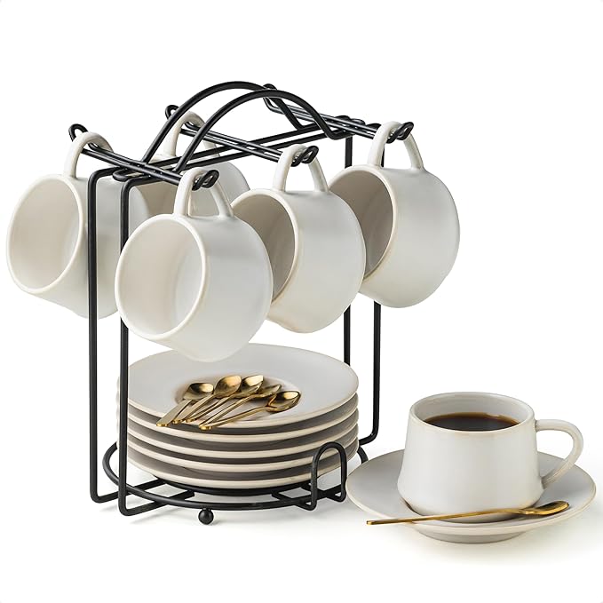 YHOSSEUN Espresso Cups with Saucers and Metal Stand, 4 Oz Ceramic Expresso Shots Cup Espresso Small Coffee Cups Set of 6, Beige