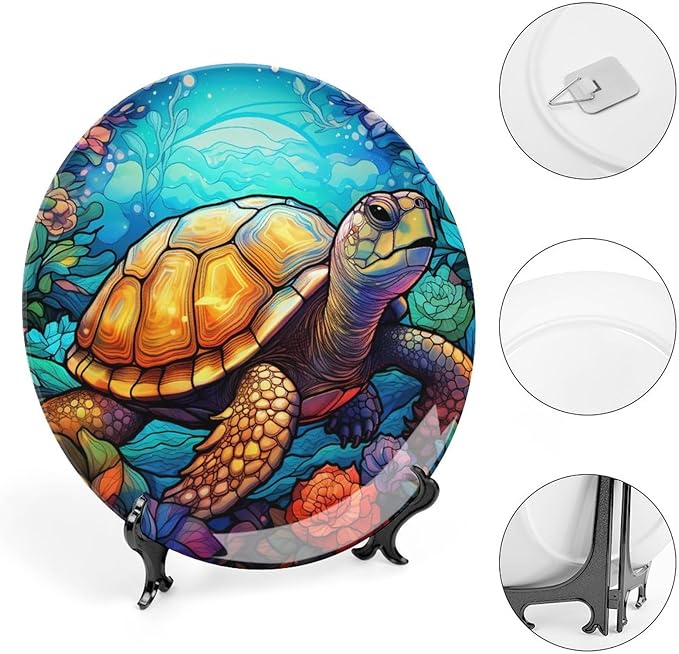 Decorative Plates for Wall Hanging, Ocean Turtle & Flower Stained Glass Design Ceramic Plate w/ Display Stand, Home Decor for Kitchen Cabinets, Farmhouse Round Tray 6 Inch, Gift for Turtle Lovers
