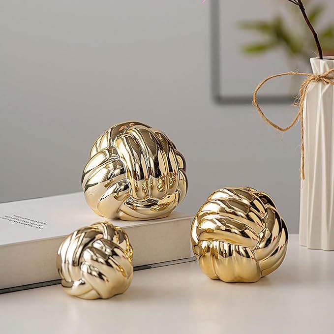 Hotfiary Small Ceramic Knot Statues Gold Home Decor, Modern Style Figurine Decorative Ball Ornaments, Sculpture Aesthetic Decor for Living Room, Bedroom, Apartment, Bookshelf, Office, Cabinets