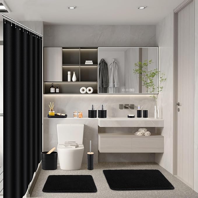 Bathroom Set - Black Bathroom Accessories Set, Bathroom Sets with Shower Curtain and Rugs, 25PC Shower Curtain Set with Hooks, Soap Dispenser, Soap Dish, Toilet Brush Holder and Trash Can