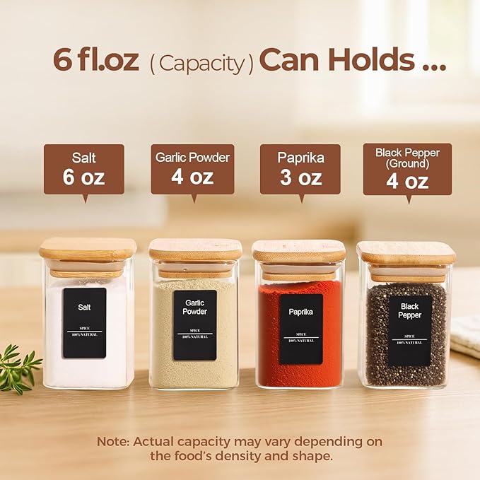 ComSaf Spice Jars with Labels 6 oz 12Pack, Small Spice Containers Starter Set, Glass Seasoning Jars with Lids, Square Seasoning Containers for Salt, Pepper, Chili Powder, Sugar, Ginger Ground, Cumin