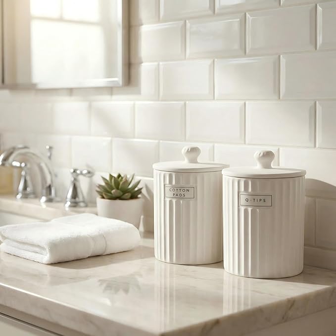 White Ceramic Bathroom Organizer and Storage Jars with Lid, 2 Pack Qtip Holder and Cotton Pad Dispenser, Apothecary Canisters for Vanity, Kitchen Countertop, Home Decor