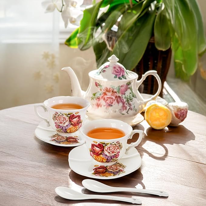 Tea Cups and Saucers Set of 6, 8 OZ Vintage Ceramic Teacups with Spoon, Floral Rose British Coffee Mug, Elegant Bone China Cup Gift Set for Cappuccino, Espresso, Latte, Afternoon Tea Party