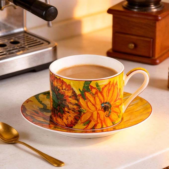 KAMMAK Tea Cups and Saucers Set of 2, Fine Bone China Coffee Cups, Stackable Espresso Mugs, Ceramic Demitasse for Coffee, Cappuccino, Latte, Americano, Tea, Large - Sunflower Oil Painting