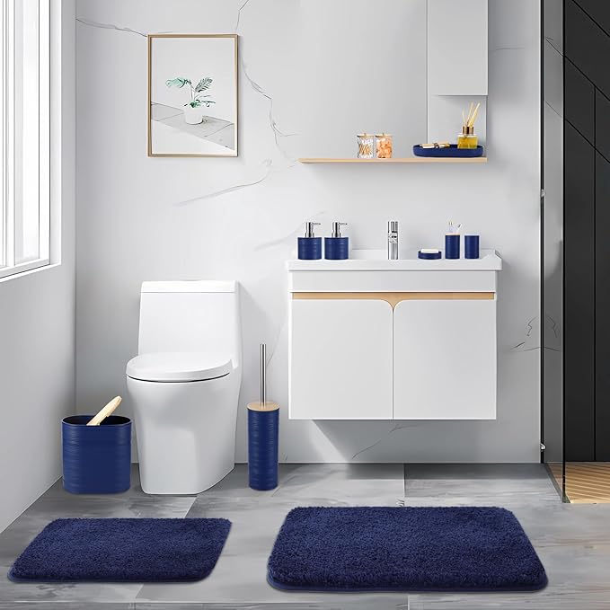 Bathroom Set - Navy Blue Bathroom Accessories Set, Bathroom Sets with Shower Curtain and Rugs, 25PC Shower Curtain Set with Hooks, Soap Dispenser, Soap Dish, Toilet Brush Holder and Trash Can