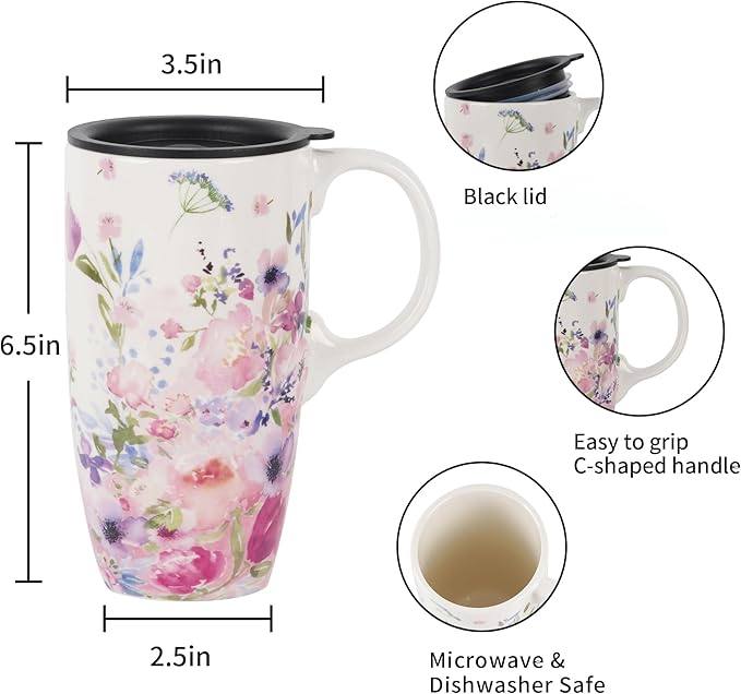 Topadorn Ceramic Travel Mugs Porcelain Latte Tea Cup Coffee Mug with Gift Box, 17oz. Pink Garden