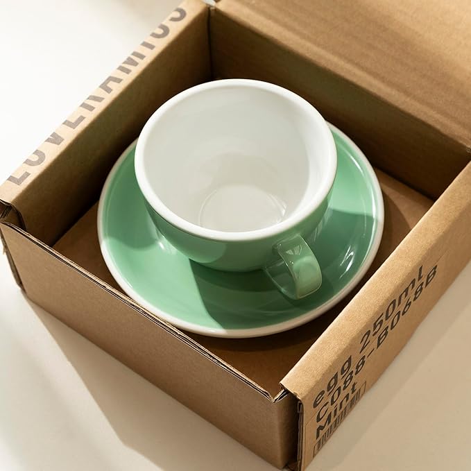 Loveramics Cappuccino Cup with Saucer, 8 oz Ceramic Coffee cup with Round Bottom for Cappuccino, Latte, Tea, Espresso, Thick-walled Stoneware Cup Set for Barista - Regular Colours (Mint, 8OZ)