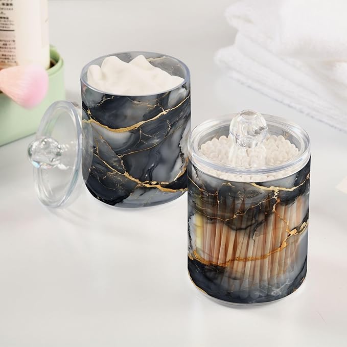 MNSRUU 2 Pack Qtip Holder Organizer Dispenser Abstract Black White Gold Marble Bathroom Storage Canister Plastic Cotton Ball Holder Bathroom Containers for Cotton Swabs/Pads/Floss