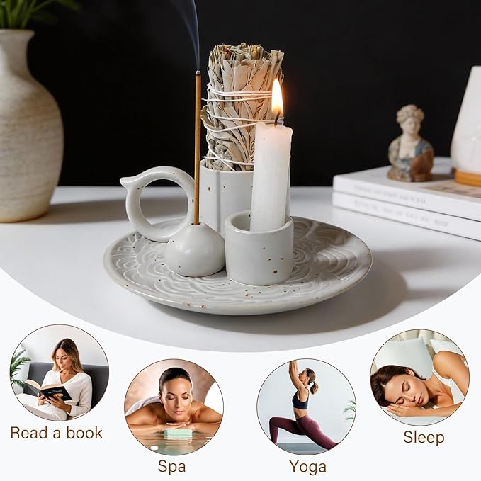 4-in-1 White Ceramic Palo Santo Burner & Holder - Versatile Candle and Smudge Tray for Incense Sticks, Cones, and Sage - Ideal Zen Meditation Altar Accessory for Enhanced Aromatic Experience