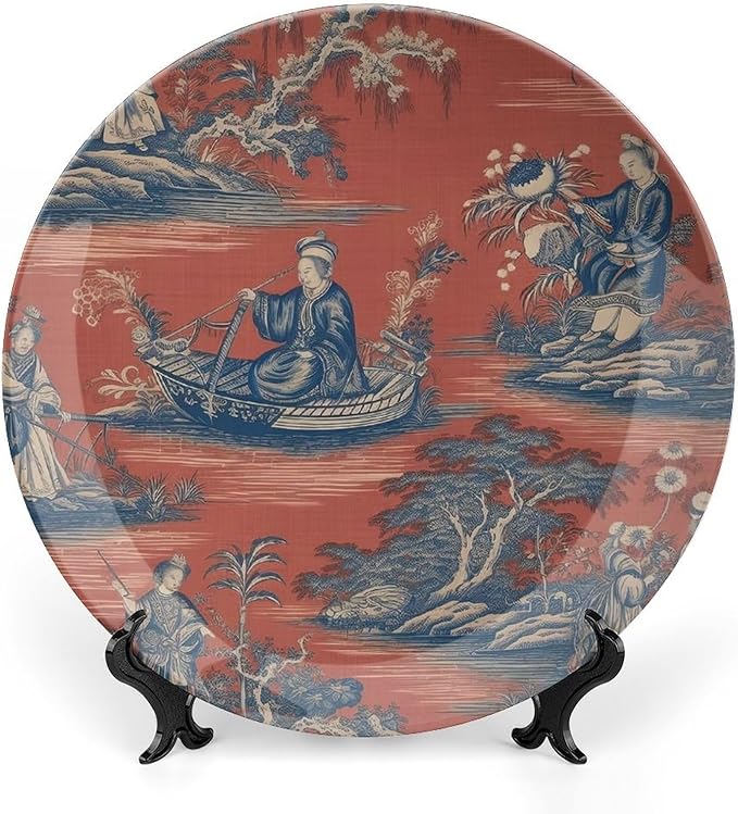 Cheng Toile Dynasty Red Chinoiserie Ceramic Decorative Plate of 6", 7", 9", 10", Personalized Hanging Decorative Tiles, Display Household Decorations Office, with Vertical Stand