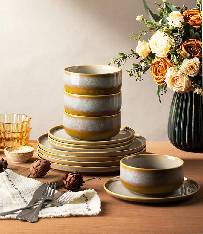 TheTerra Ceramic Dinnerware Sets for 4, 12 Pieces Handmade Reactive Glaze Plates and Bowls Set, Scratch Resistant Dish Set, Oven & Microwave & Dishwasher Safe, Autumn Haze