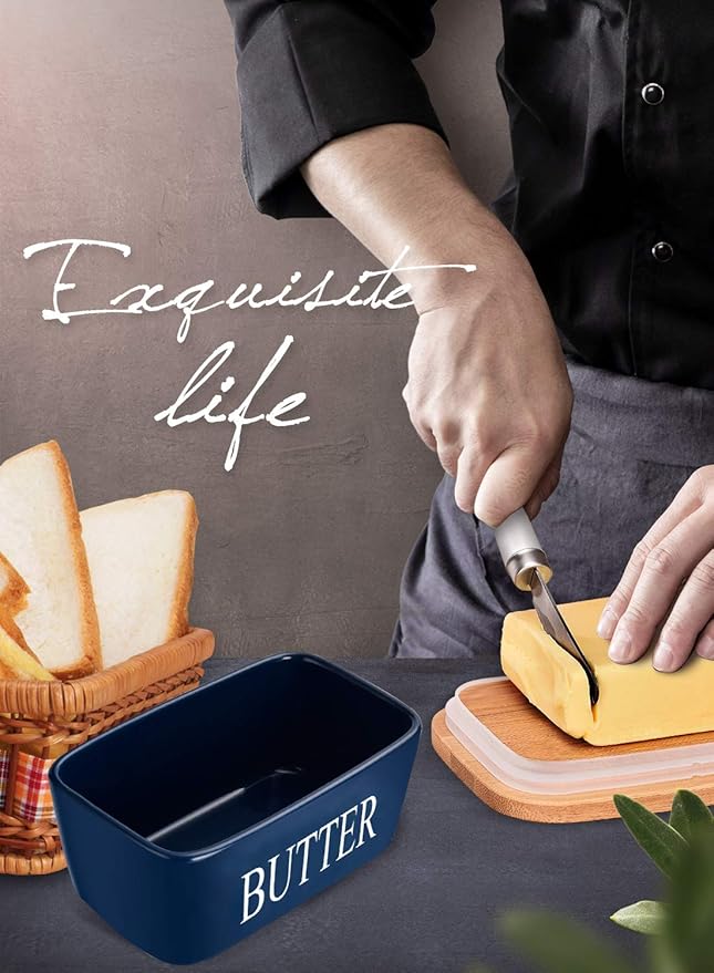 Butter Dish with Lid, Home Decor, Large Butter Dish for Countertop Ceramic Butter Keeper Container with Knife and High Quality Silicone Sealing Good Kitchen Gift Blue