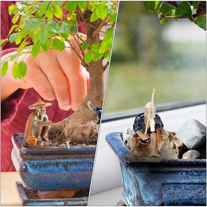 Homoyoyo Ceramic Fisherman Figurine Set 2pcs, 4-inch Bonsai Ornament for Fish Tank Decor, Aquarium Desktop Collectible Statue, Asian Fishing Man Sculpture for Home Garden