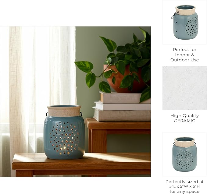 Sagebrook Home Ceramic Hurricane Lantern with Cutout Design - Stoneware Decorative Candle Holder for Home, Office & Living Room - Rustic Garden Accent - 6" Blue