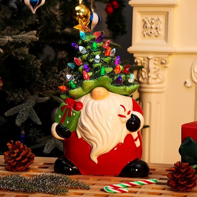 Garvee 13" Battery Powered Ceramic Santa Christmas Tree with 50 Colorful LED Lights, Vintage Tabletop Decor, Holiday Candy Jar for Home, Desk, Office & Gift