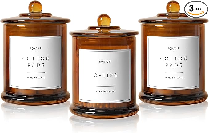 3 Pack Qtip Holder Dispenser, 16oz Bathroom Organizer and Storage Canisters, Glass Apothecary Jars with Lid - Home Decor, Room Decor Aesthetic (Amber)