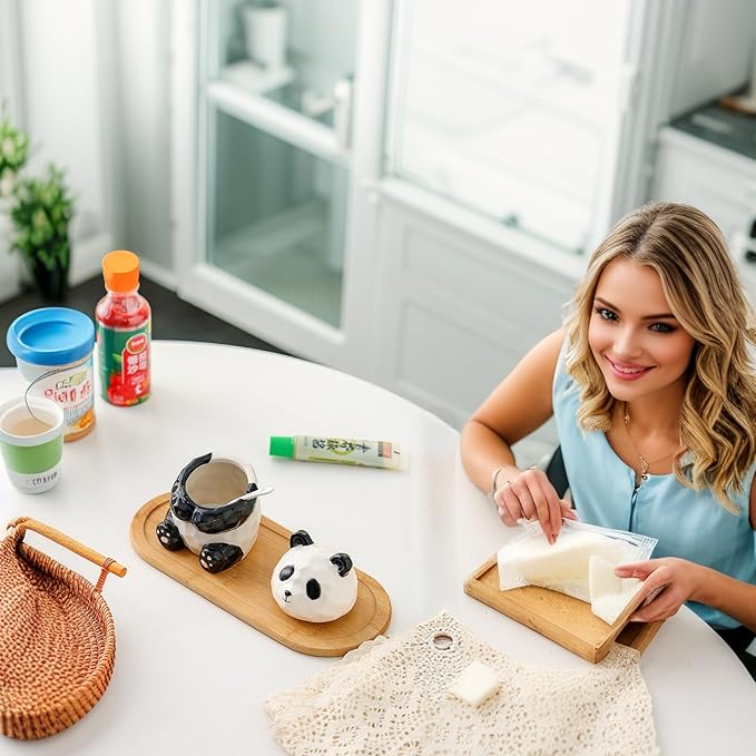 Panda Salt and Pepper Shakers, Cute 8oz Ceramic Spice Jar with Spoon, Animal Kitchen Countertop Decor, Novelty Gift for Cooks, Unique Shape