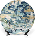 Blue And White Chinoiserie Pagoda Ming Toile Asian Decorative Plate, Custom Hand-Painted Ceramic Decorative Plates for Display Club Decor, with Vertical Stand Art Decor for Festival Home