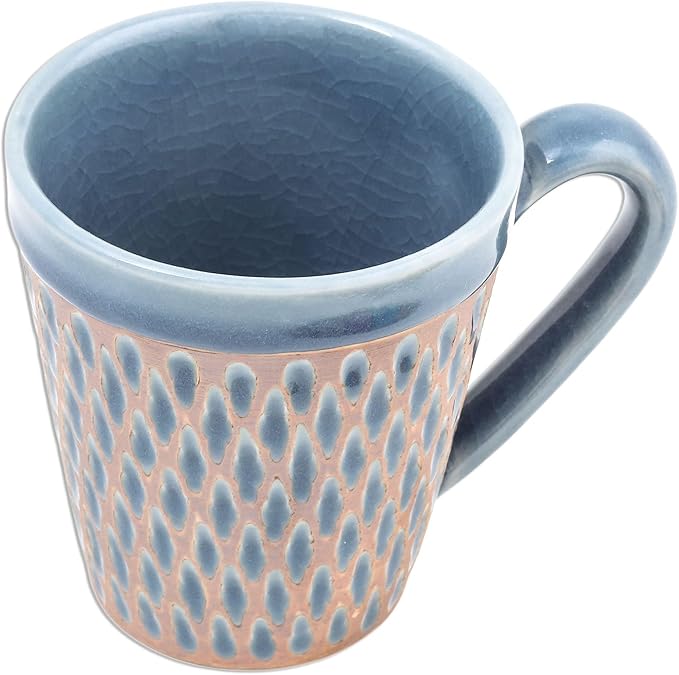 NOVICA Artisan Handcrafted Celadon Ceramic Mug Blue Incised Brown Thailand Tableware Dinnerware Mugs Cups [cups 3.9in H x 5.25in W x 3.7in D 10 Oz.] ' Ginger Blue Honeycomb'