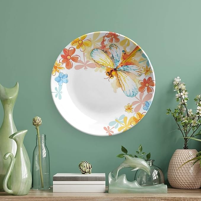 XISUNYA 7 Inch Decorative Plate, Dragonfly Ceramic Plate, Abstract Grunge Vintage Moth with Spring Flowers Frame Print Ceramic Wall Hanging Decor Accessory for Dining Table Tabletop Home Decor