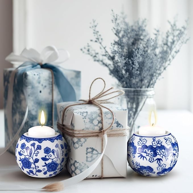 Soaoo 2 Pack Blue and White Candle Holders Chinoiserie Decor Porcelain Tealight Candleholders Votive Candle Holders for Holiday, Wedding, Party Table Centerpiece Home Decor, 1.85 x 2.75