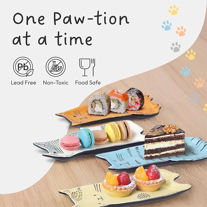 Bico Cartoon Cat Appetizer Plates Set of 4, Small Stoneware Ceramic Plates for Appetizer, Snacks, Sauce, Assorted Color, Microwave and Dishwasher Safe