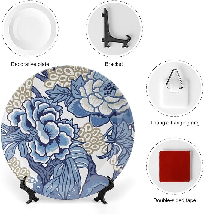 Fashion Plates Blue And Tan Peony Chinoiserie Floral Customize Decor for Wall Festival Club Wedding Hand-Painted Ceramic Decorative Plates with Vertical Stand, Multi Sizes, Gifts for Men Women