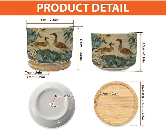 2 Piece and Duck Garden Small Plant Pots Chinoiserie Style Succulent Pot with Drainage Bamboo Trays Green Water Lily Chinoiserie Flower Ceramics Planters for Indoor Plants