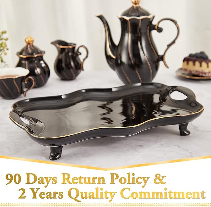 DUJUST Porcelain Serving Tray with Handles, Luxury British Style Coffee Table Tray with Golden Rim, Beautiful Tea Tray Decor for Living Room, Easy to Use & Clean - Black